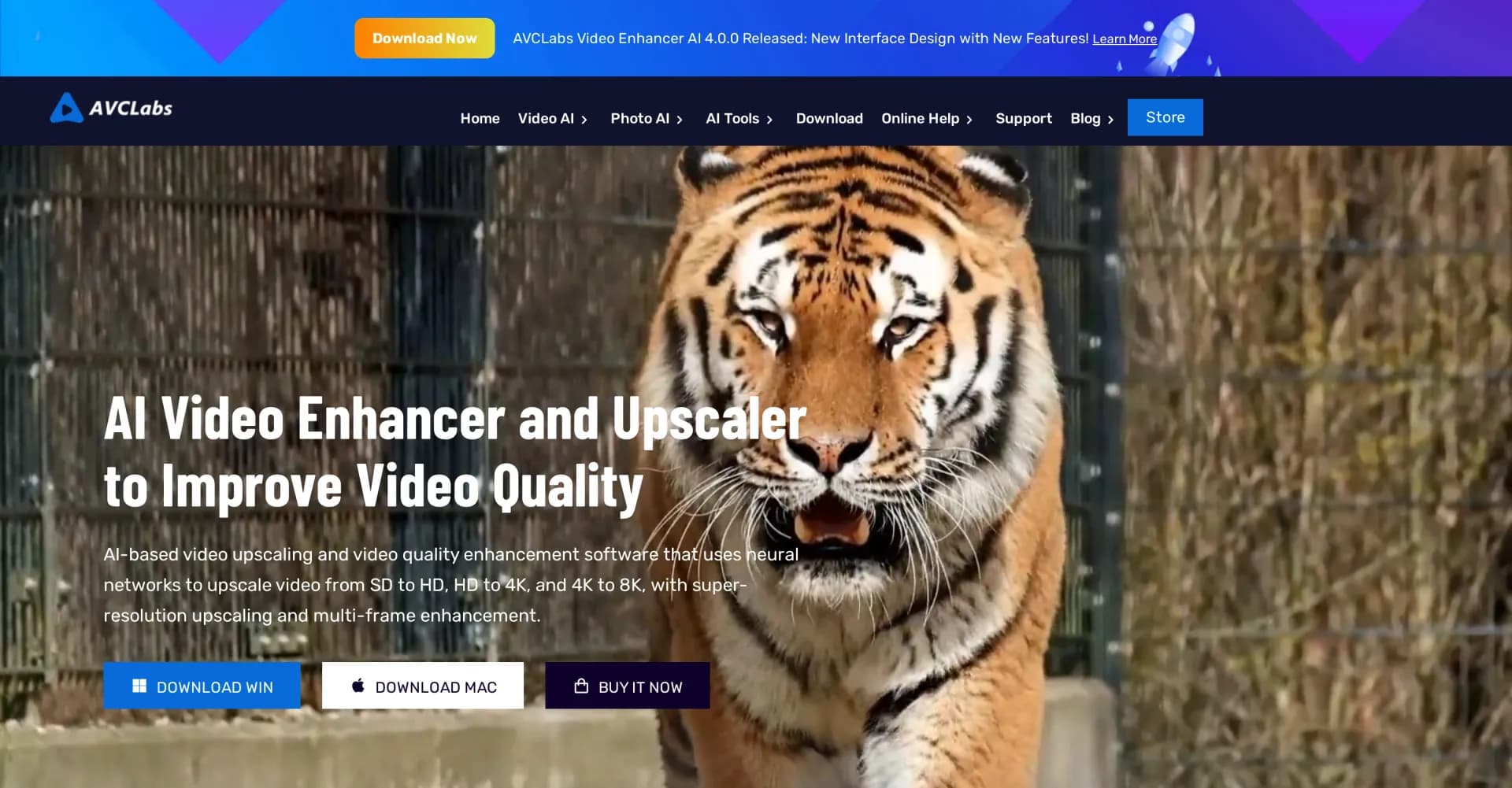 AVCLabs Video Enhancer homepage screenshot — Upgrade your videos with AI-powered enhancement.