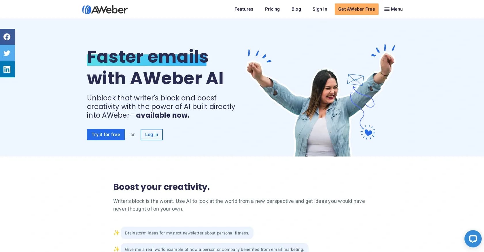 AWeber homepage screenshot — Boost email creativity with AI-powered writing