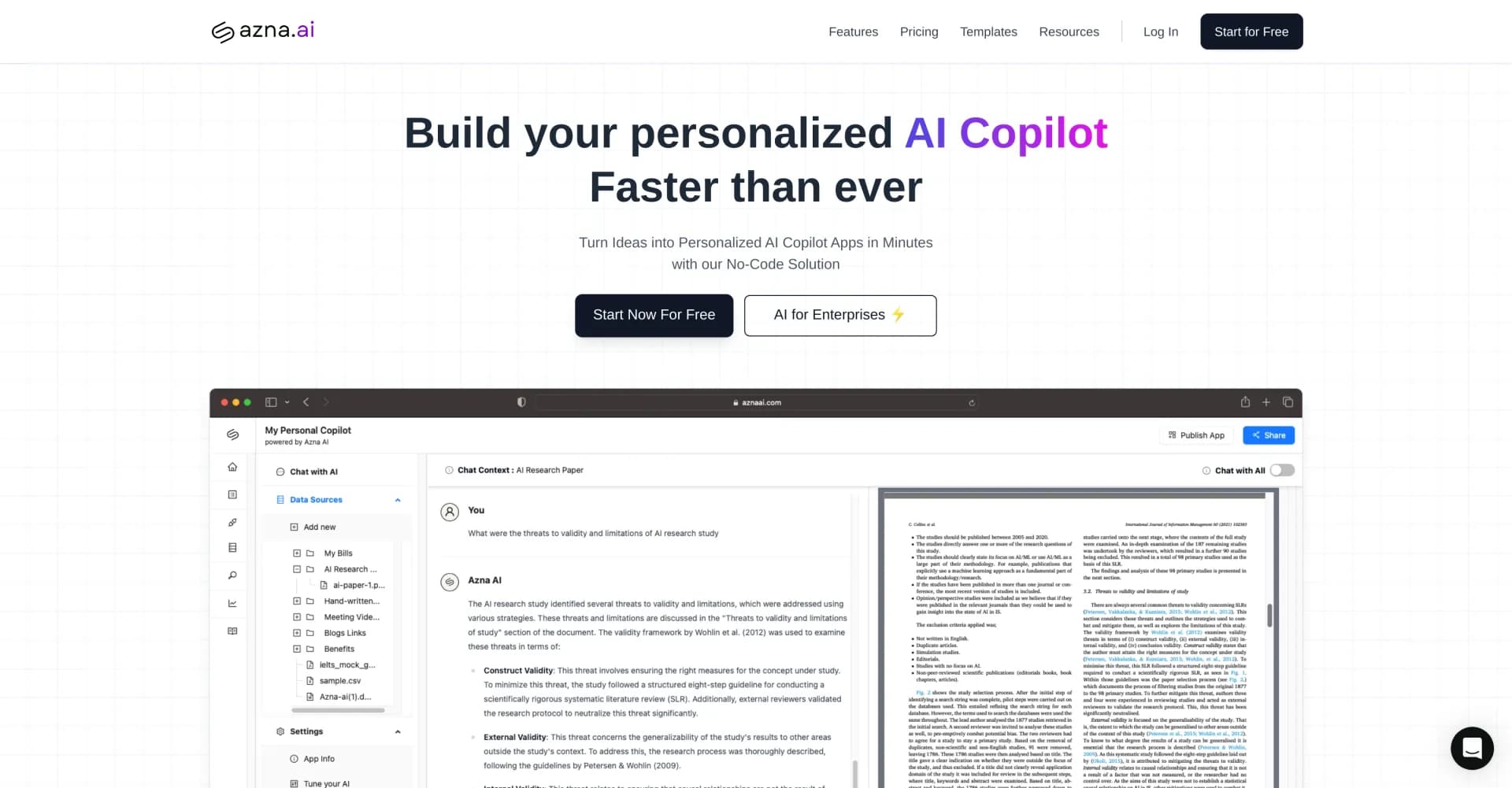 Azna AI homepage screenshot — Turn ideas into personalized AI copilots in minutes