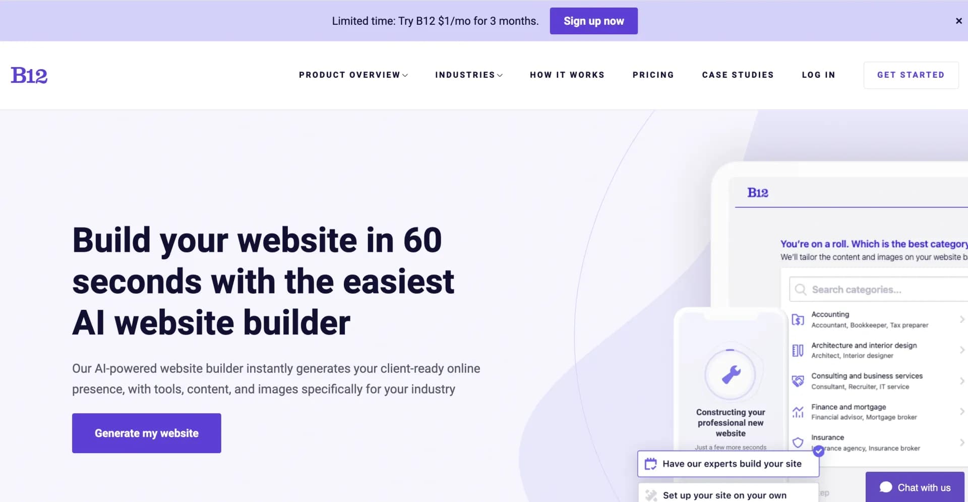 B12.io homepage screenshot — AI-powered website builder