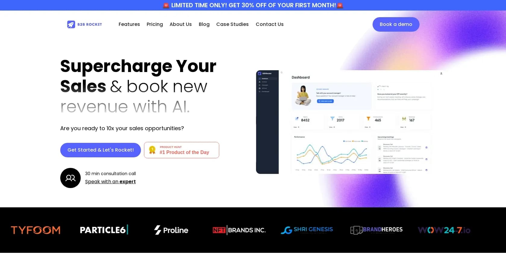 B2B Rocket homepage screenshot — Supercharge B2B sales with AI-powered lead generation