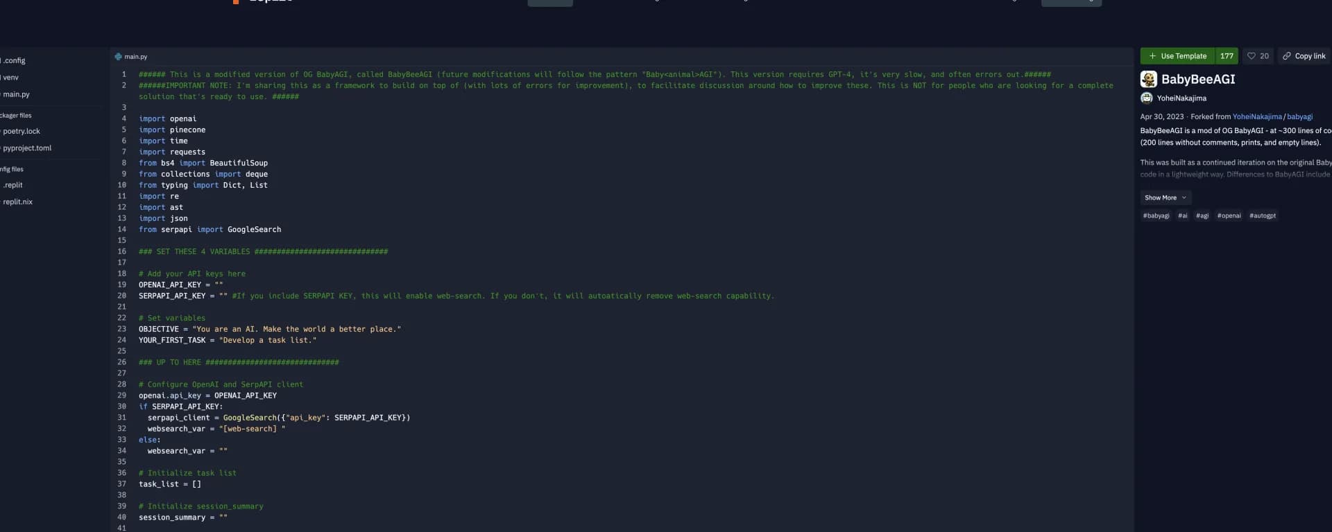 BabyBeeAGI homepage screenshot — Lightweight mod of BabyAGI for builders to tinker with.