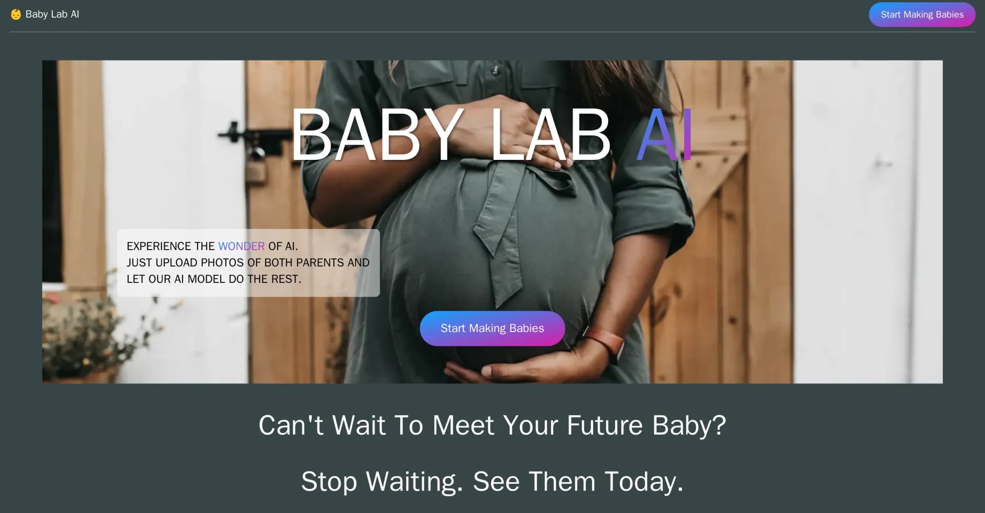 BabyLab homepage screenshot — See your future baby with AI-generated photos.