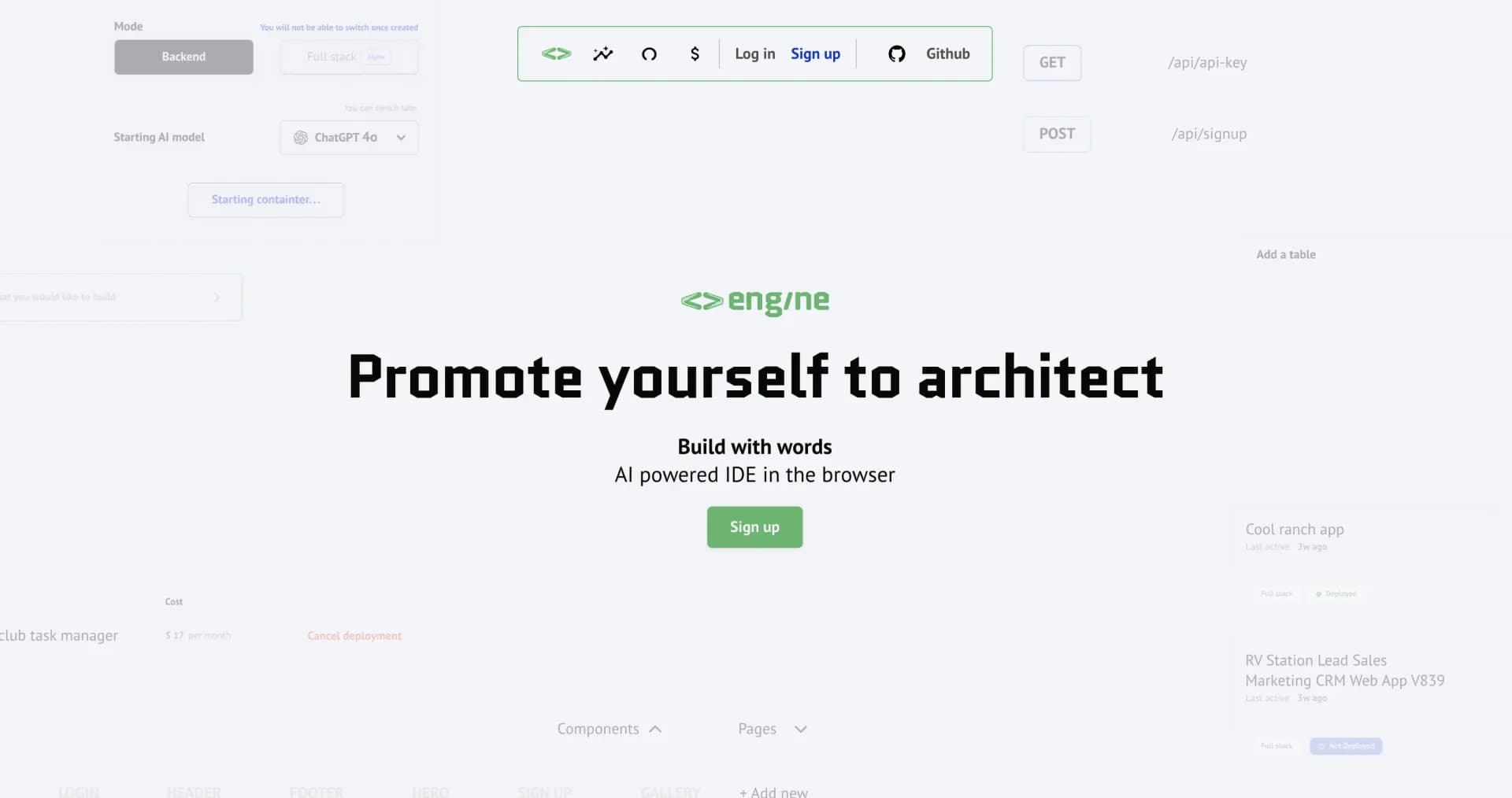 Engine Labs homepage screenshot — From conversation to deployed web apps