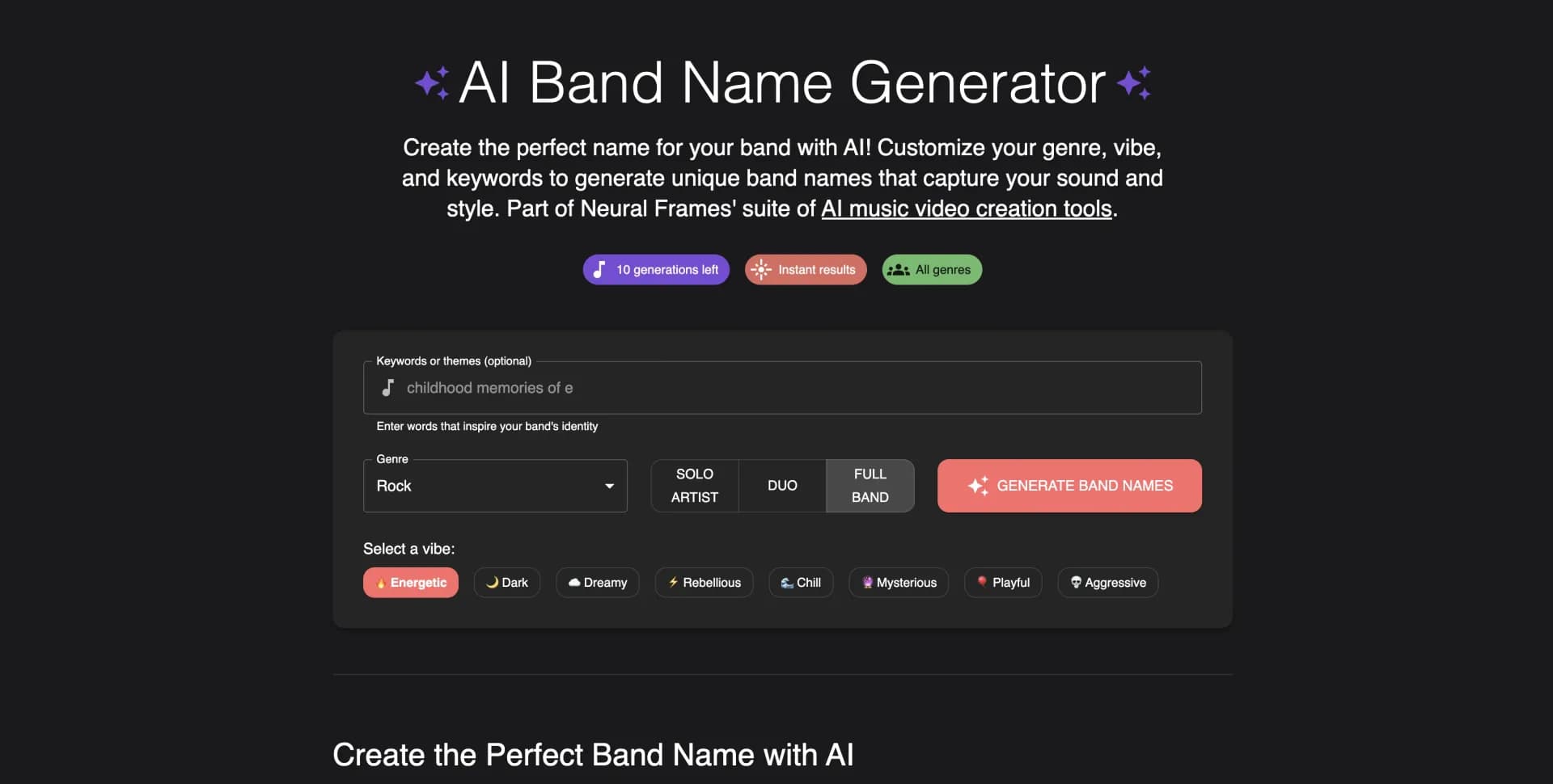 Band Name Generator homepage screenshot — Create the perfect band name with AI