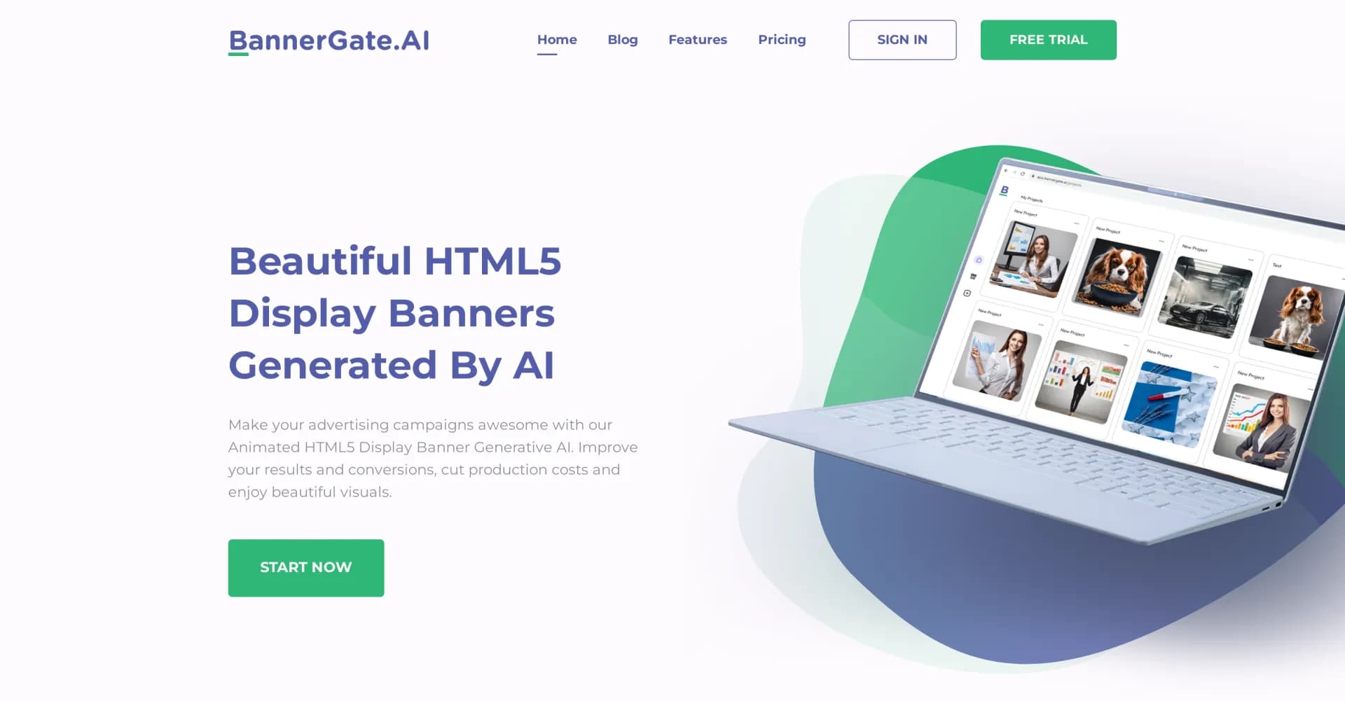 BannerGate homepage screenshot — Create stunning AI-powered HTML5 display banners