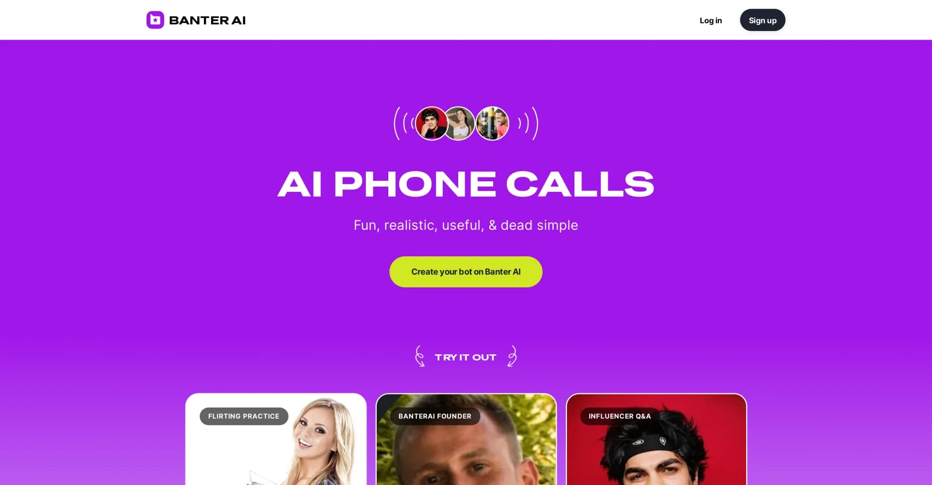 Banterai homepage screenshot — Talk to AI celebrities in human-like voice conversations.