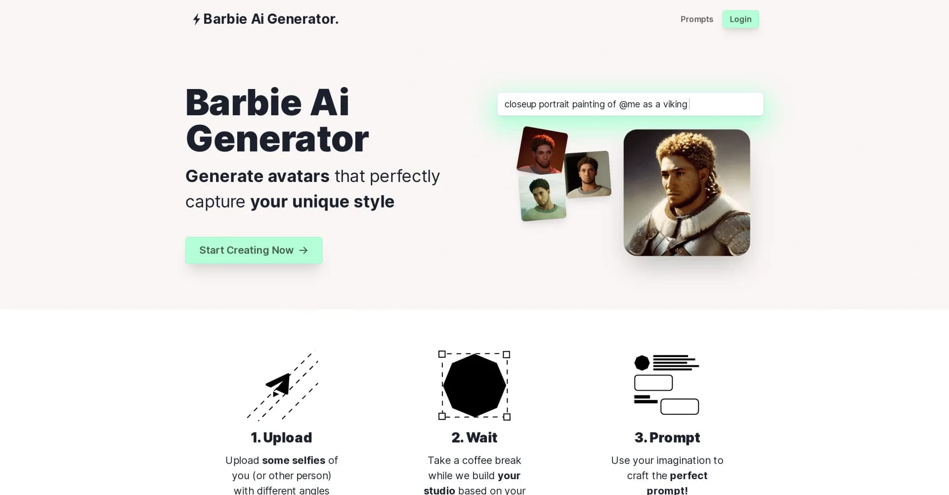 Barbie AI Generator homepage screenshot — Create custom AI avatars in your unique style