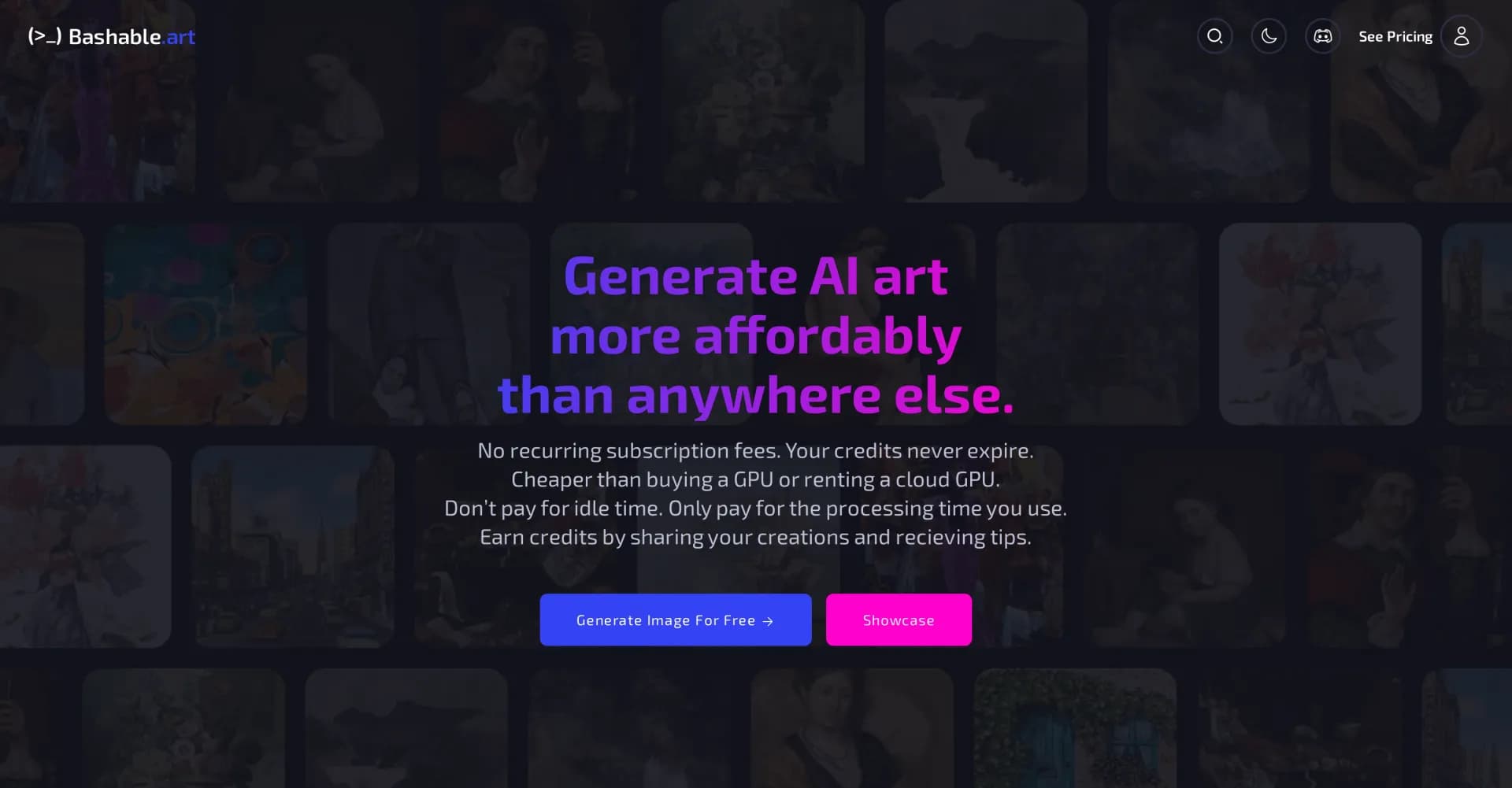 Bashable homepage screenshot — Generate affordable AI art without subscriptions.