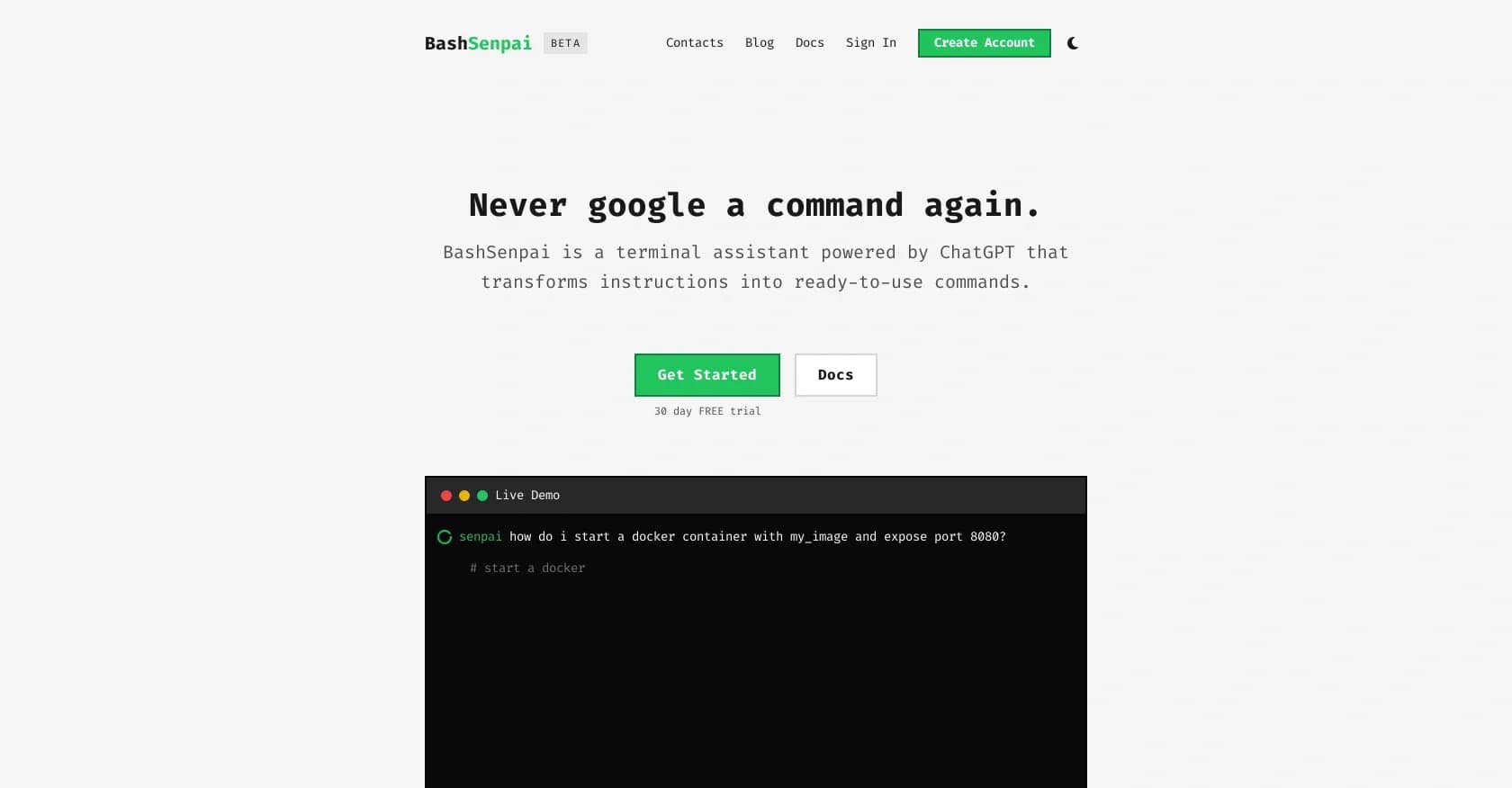 BashSenpai homepage screenshot — Transform instructions into ready-to-use commands