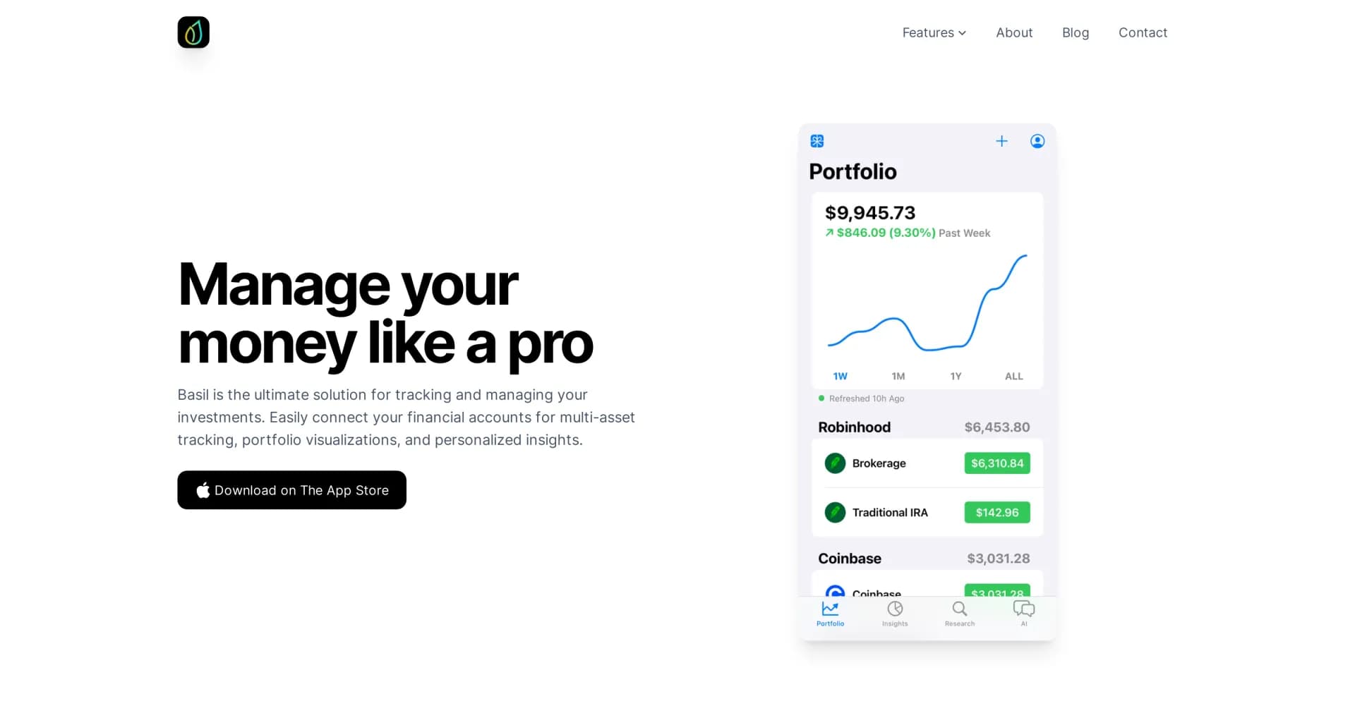 Basil Finance homepage screenshot — Investment tracking with chatbot assistance
