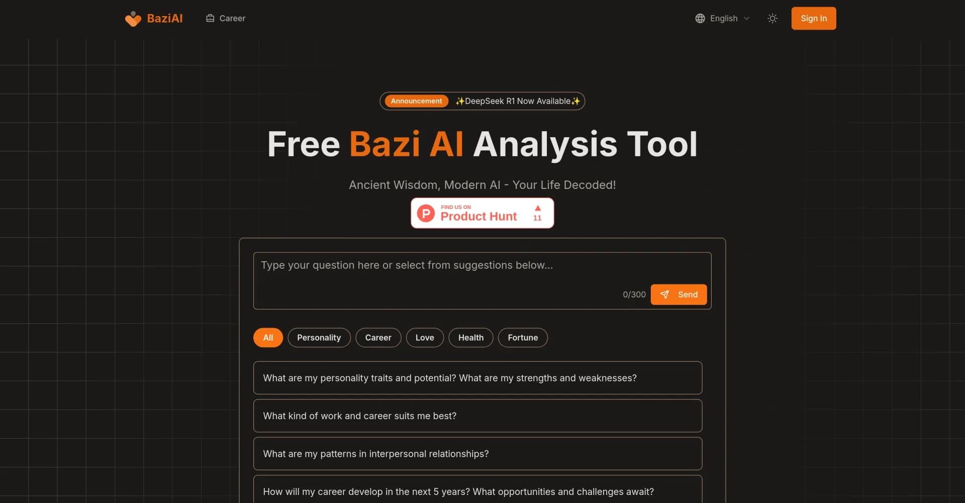 BaziAI homepage screenshot — AI-powered Bazi readings decode your life path