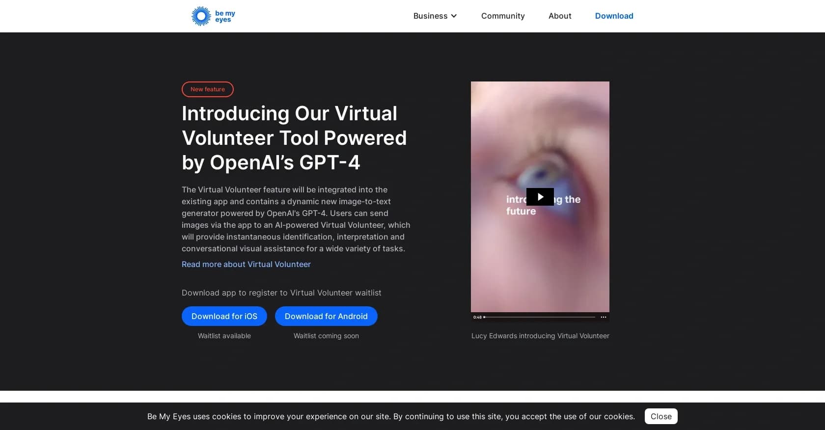 Be My Eyes homepage screenshot — Connect sighted volunteers with blind users for visual assis