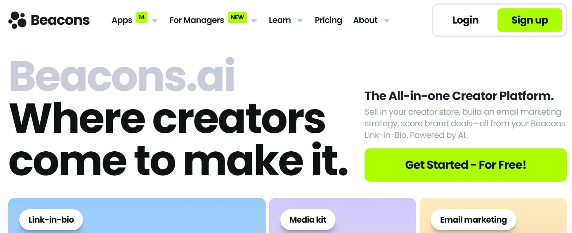 Beacons homepage screenshot — Supercharge your creator career with AI-powered tools.