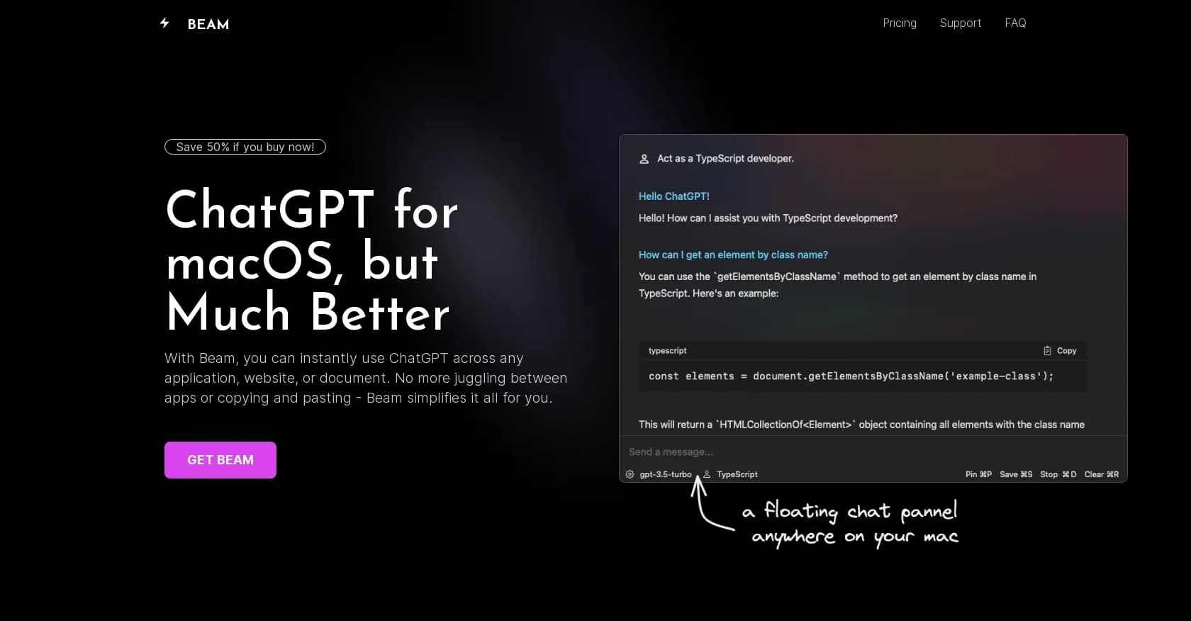 Beam homepage screenshot — Instant ChatGPT access anywhere on your Mac