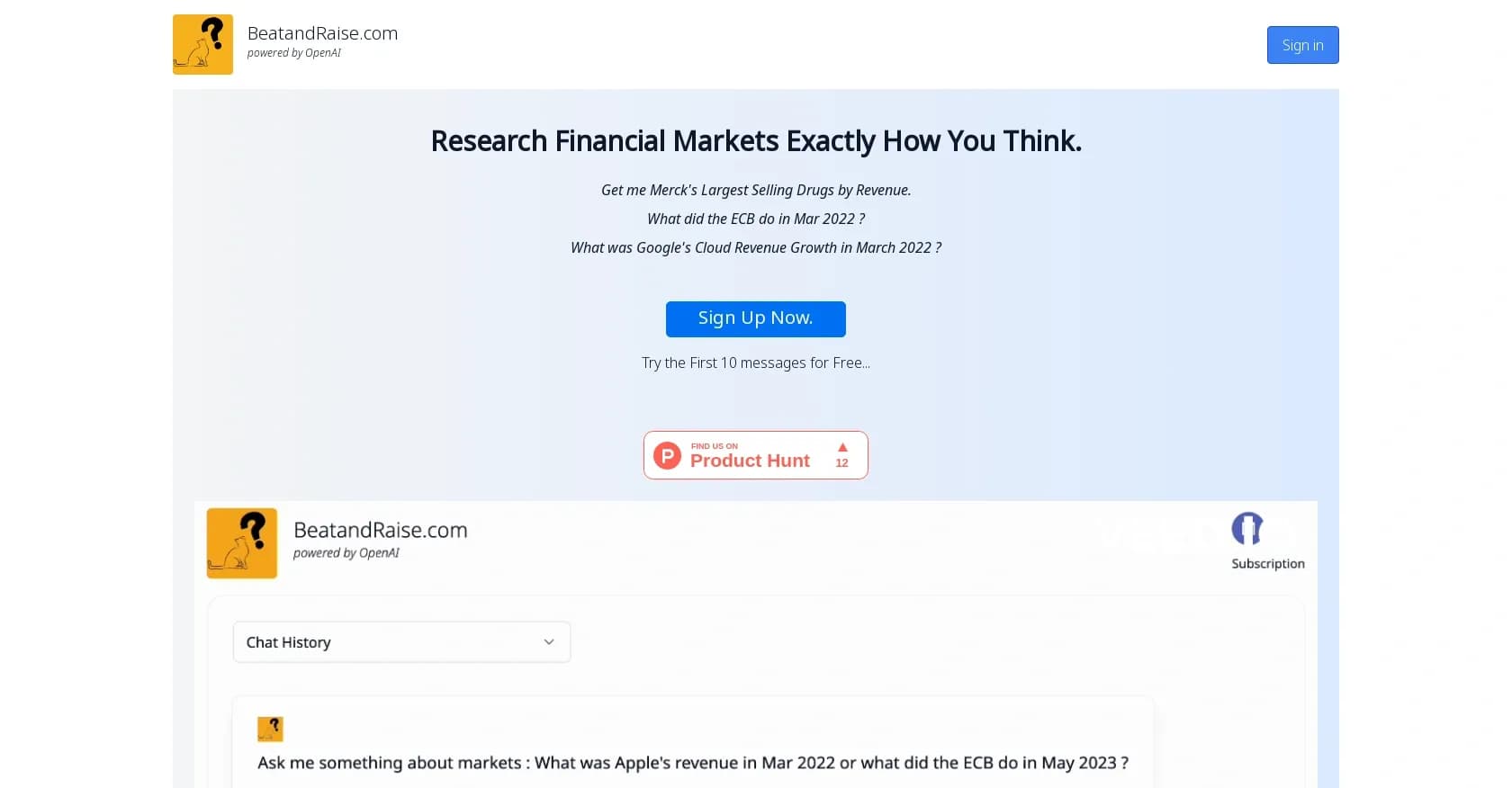 BeatandRaise homepage screenshot — AI-powered financial research at your fingertips.