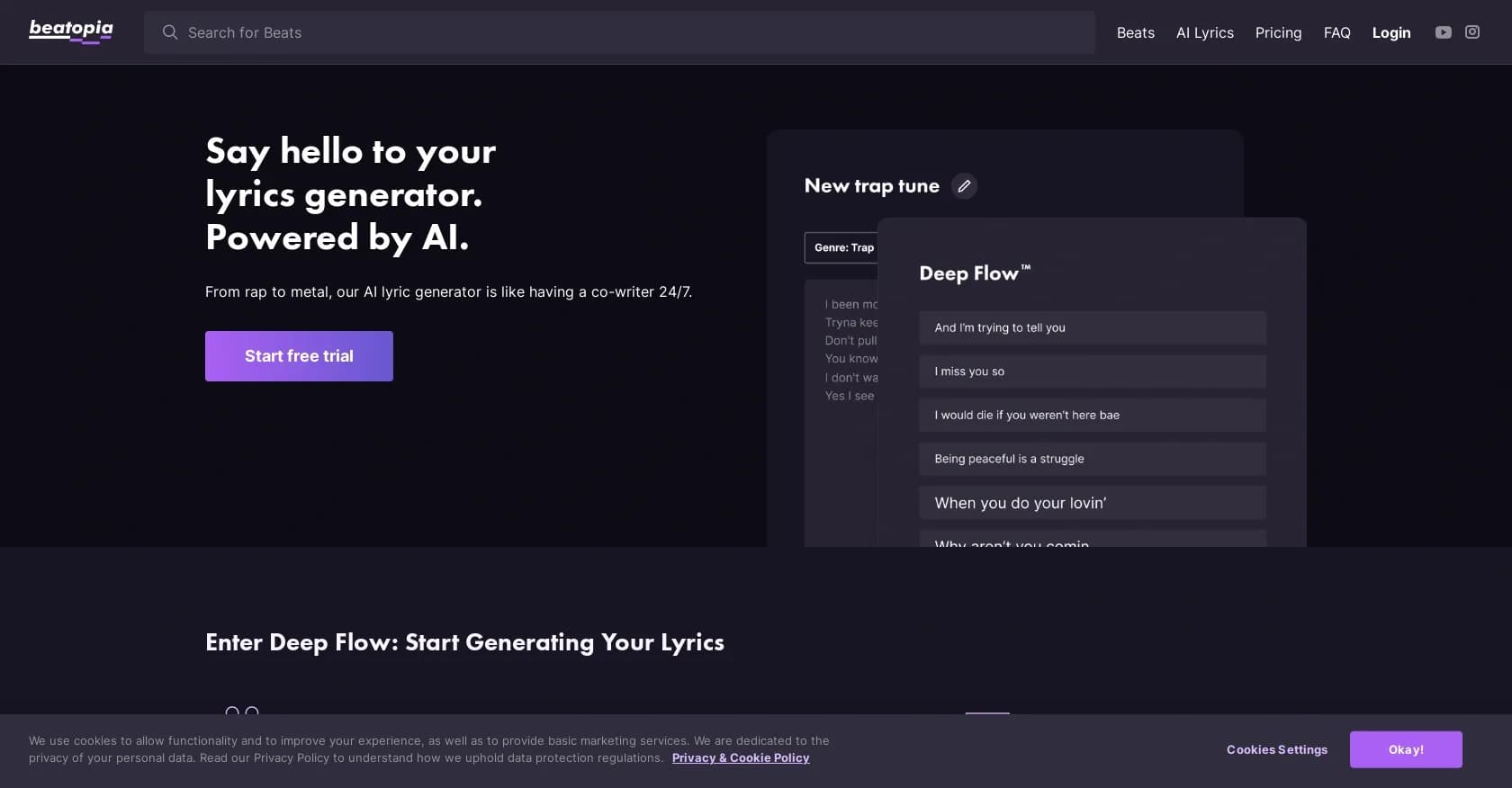 Beatopia homepage screenshot — Lyric generation and genre exploration for songwriting.