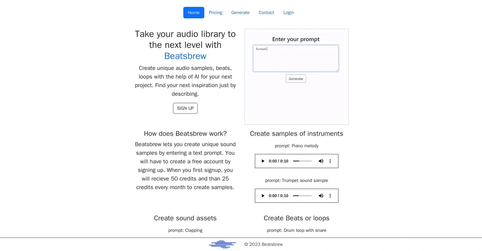 Beatsbrew homepage screenshot — Transform text into high-quality audio samples instantly.
