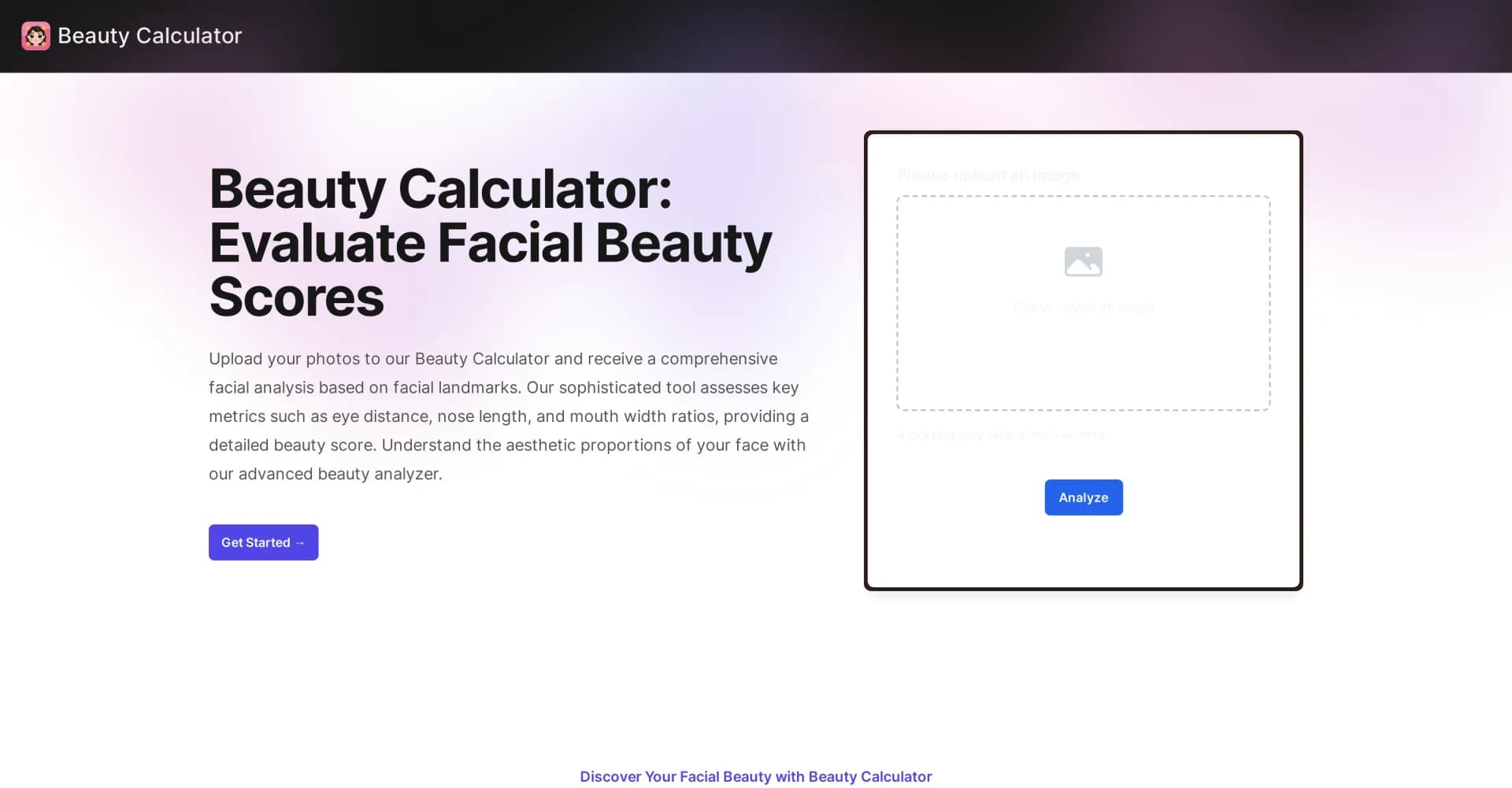 Beauty Calculator homepage screenshot — Evaluate facial beauty with precision AI analysis