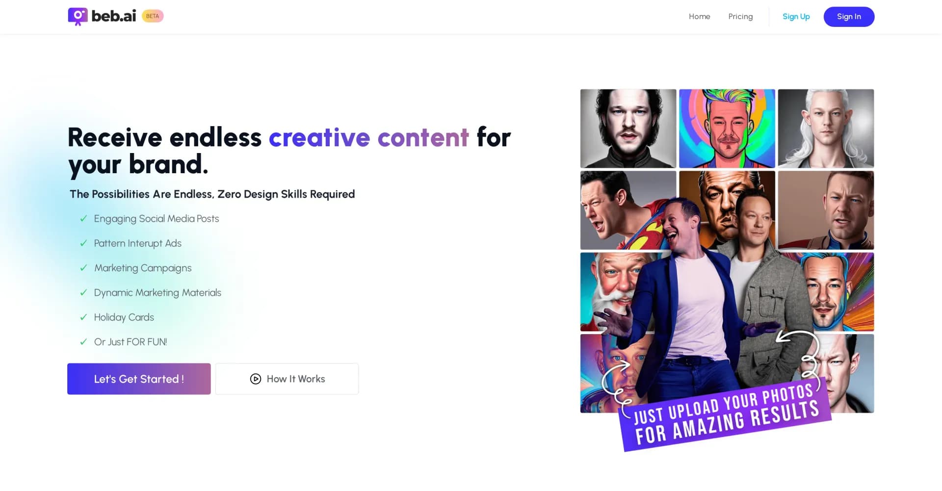 beb.ai homepage screenshot — Endless creative content for your brand, zero design skills 