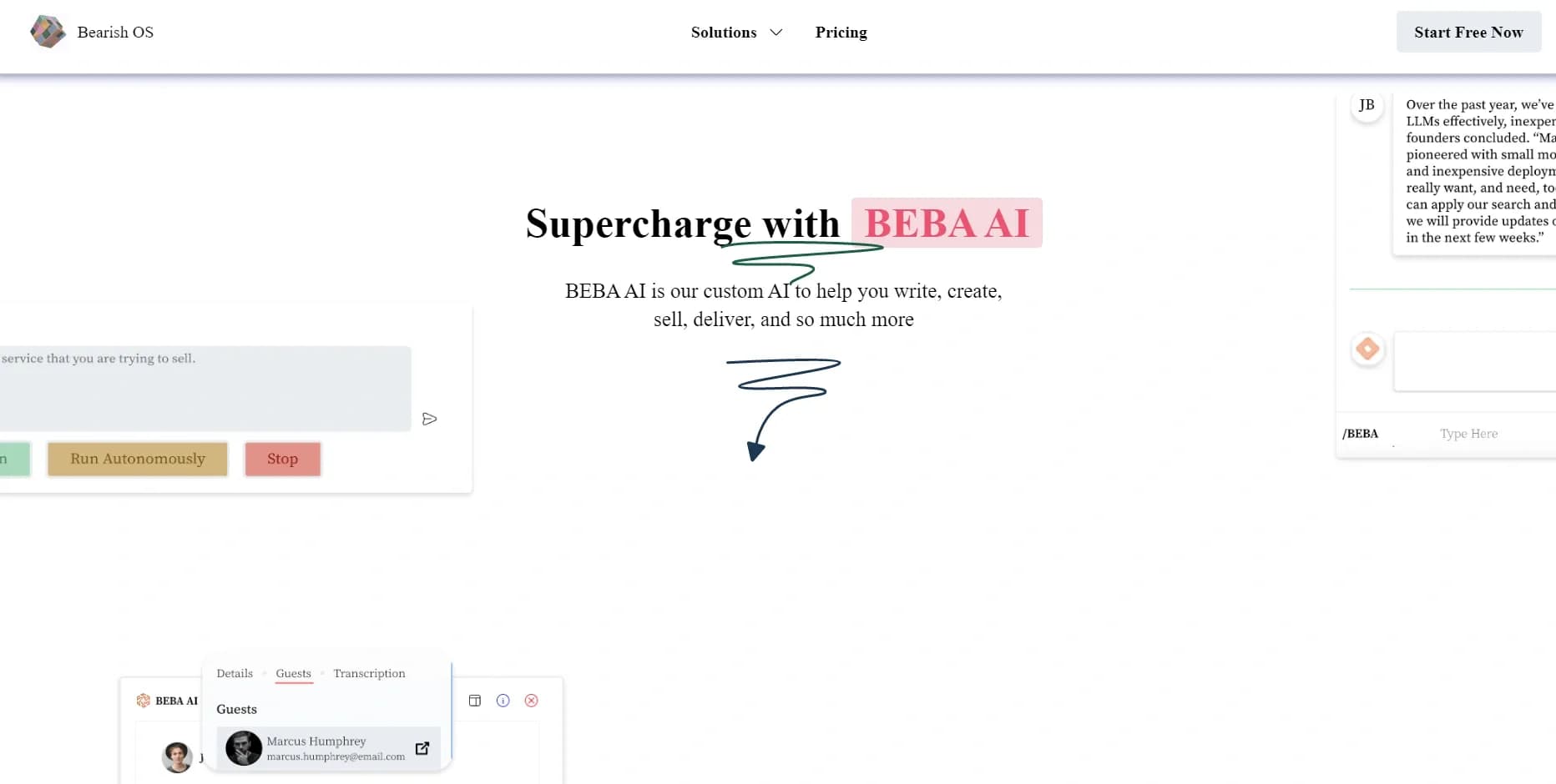 Beba AI homepage screenshot — AI that supercharges your work, always.