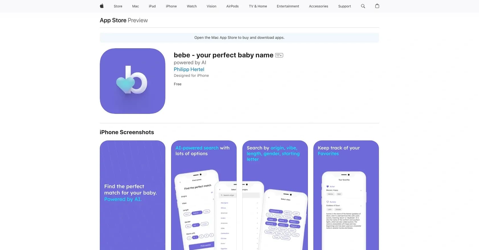 Bebe homepage screenshot — Find the perfect baby name with AI-power.