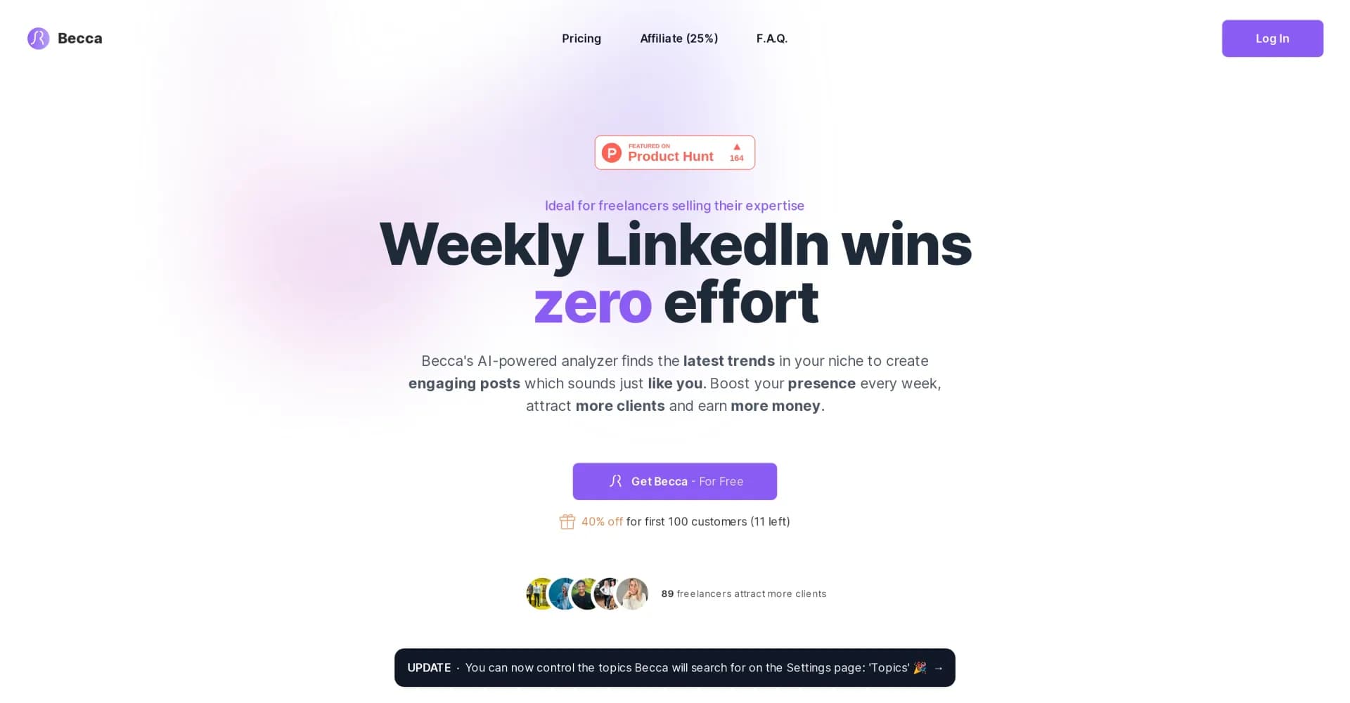 Becca homepage screenshot — AI-powered LinkedIn wins, zero effort