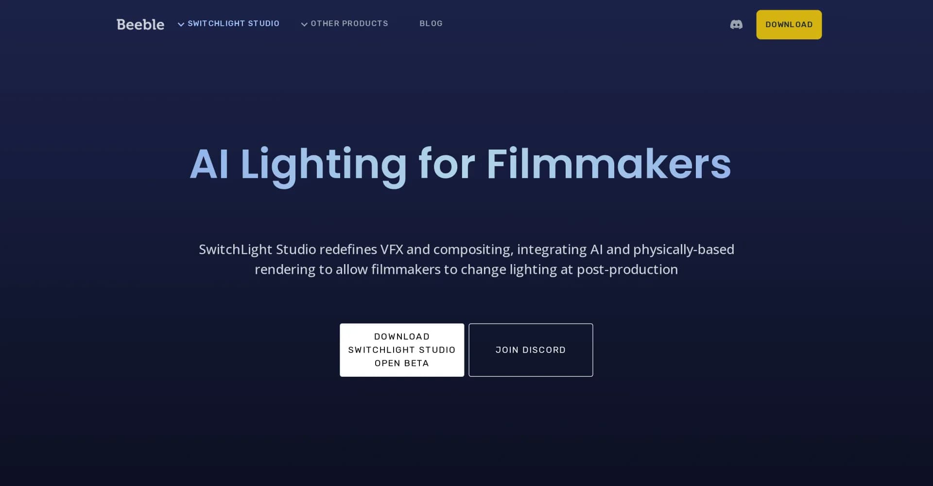Beeble homepage screenshot — AI lighting for filmmakers, change scenes in post-production
