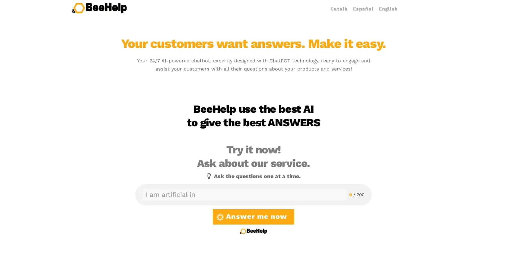 BeeHelp Assistant homepage screenshot — AI-powered chatbot for 24/7 customer support