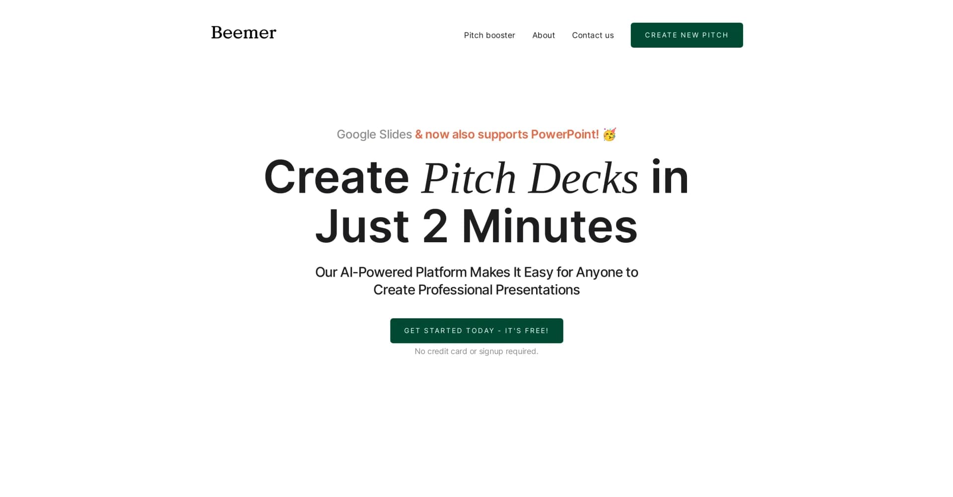 Beemer homepage screenshot — Create pitch decks in just 2 minutes with AI.