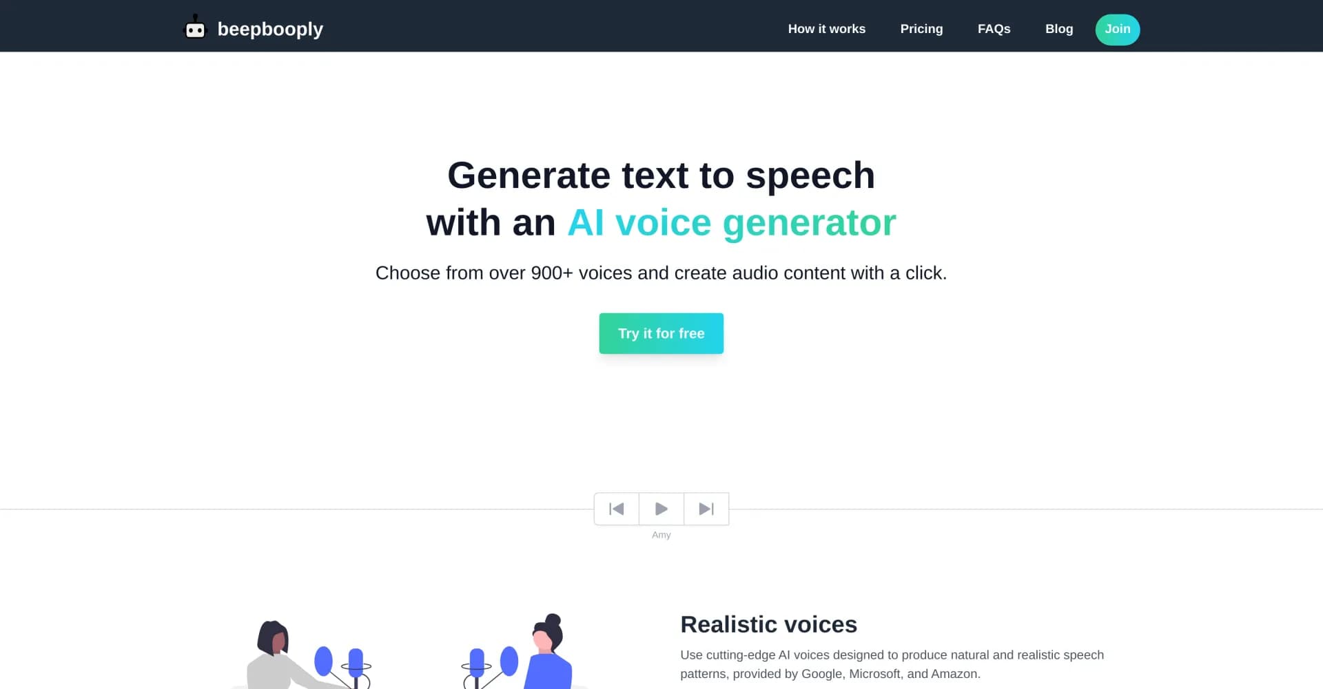 Beepbooply homepage screenshot — Convert text to speech with over 900 AI voices.