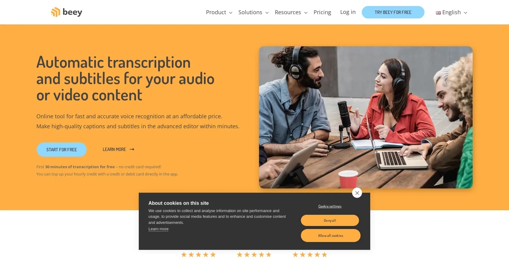 Beey homepage screenshot — Automatic transcription and subtitles for audio and video