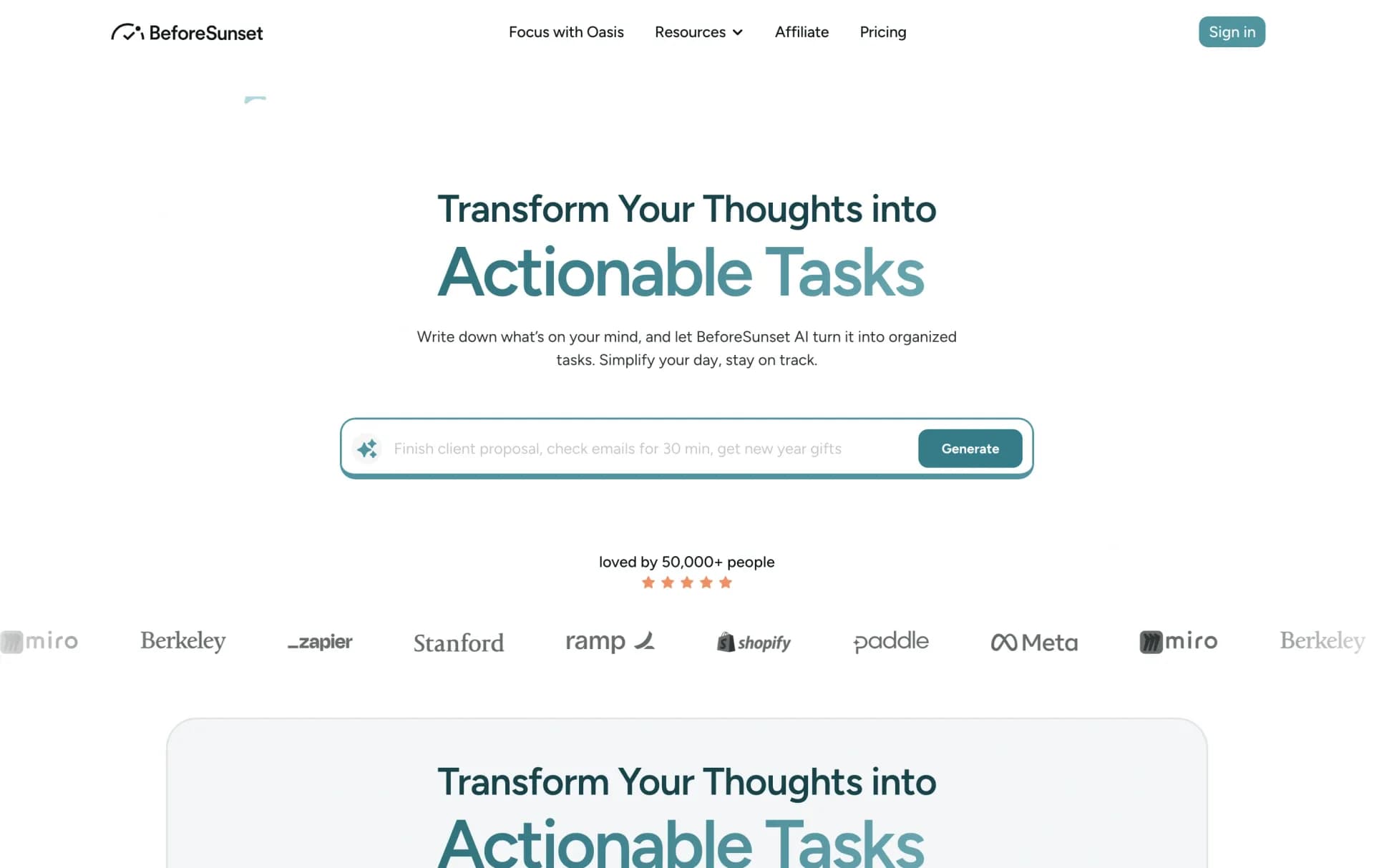 BeforeSunset AI homepage screenshot — AI powered daily and weekly planning for optimized for work 