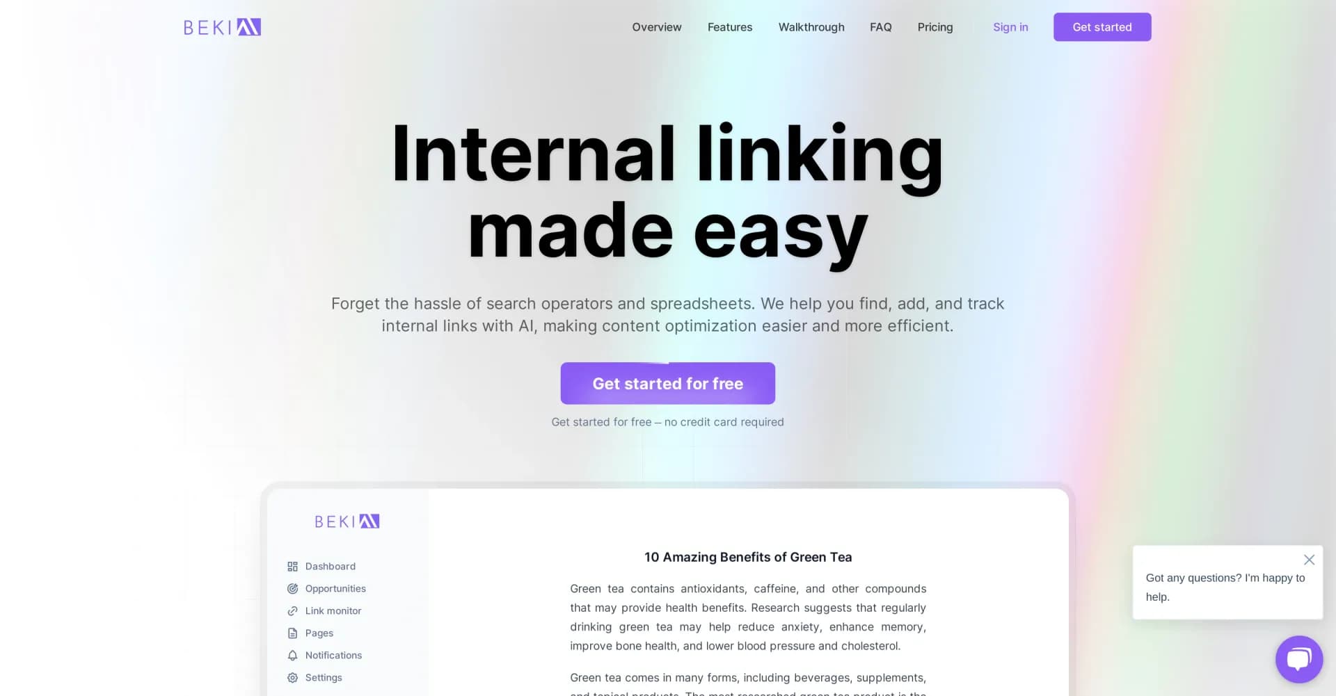 BekiAI homepage screenshot — AI-powered internal linking made effortless