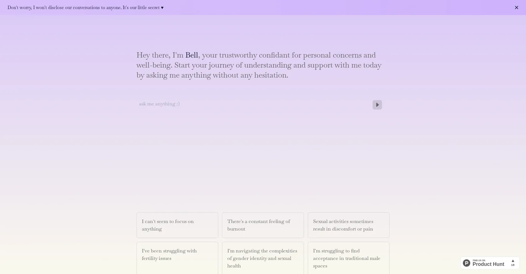 Bell homepage screenshot — Your confidant for personal concerns and well-being