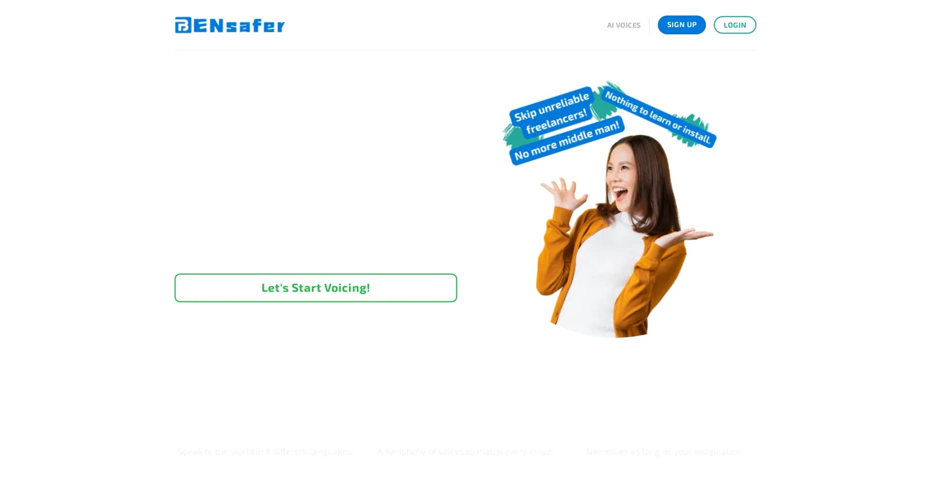 BenSafer homepage screenshot — Transform text into realistic speech instantly
