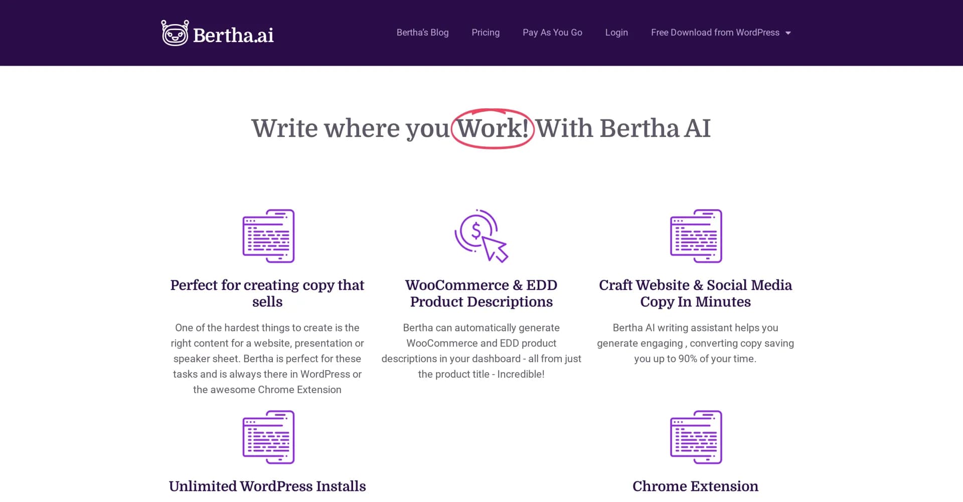 Bertha AI homepage screenshot — AI Co-Pilot for WordPress and Chrome