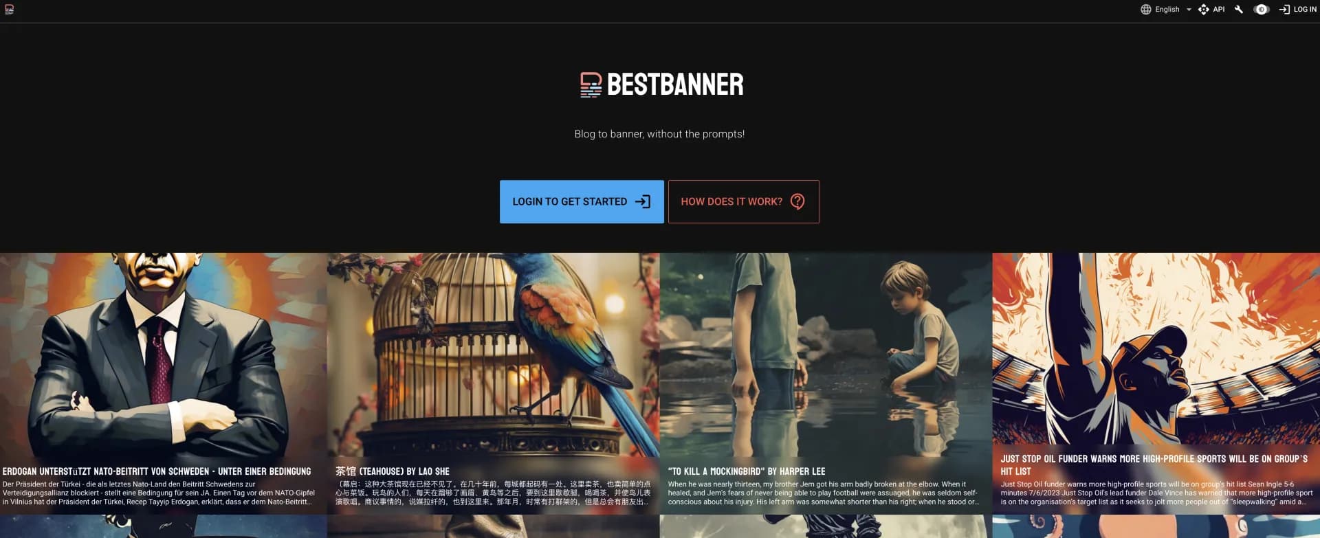 BestBanner homepage screenshot — Transform text into stunning banners instantly.