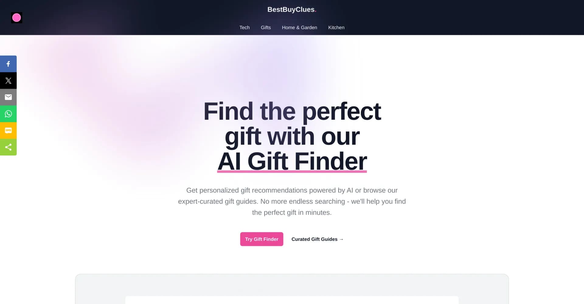 BestBuyClues - AI Gift Finder & Expert Curated Gift G... homepage screenshot — AI-powered gift discovery for every occasion.