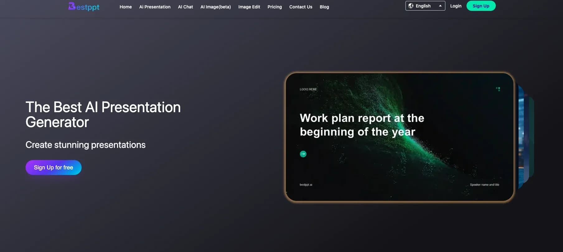 Bestppt.ai homepage screenshot — Create stunning presentations in minutes with AI