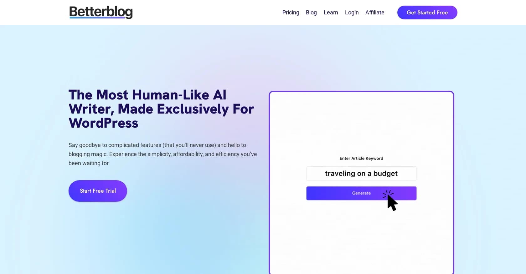BetterBlog homepage screenshot — Human-like AI writing for WordPress blogs