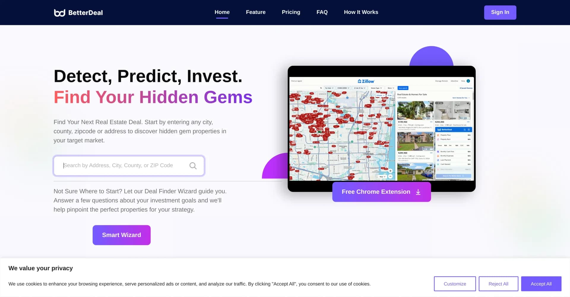 BetterDeal AI homepage screenshot — Find hidden gem properties for real estate investing.