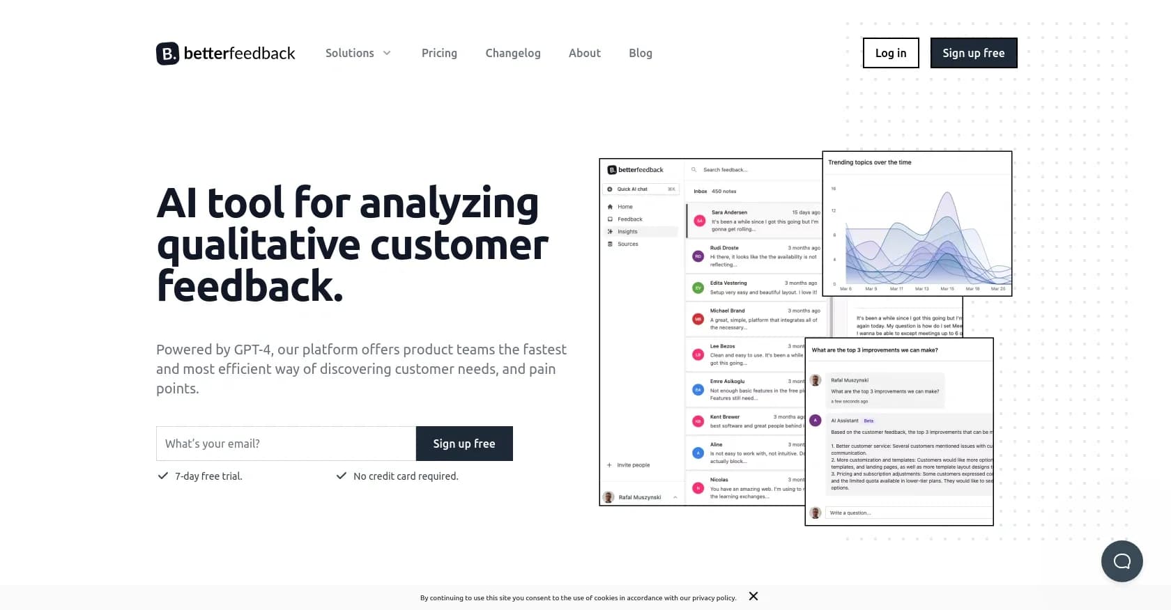 Betterfeedback homepage screenshot — AI-powered customer feedback analysis for product teams.