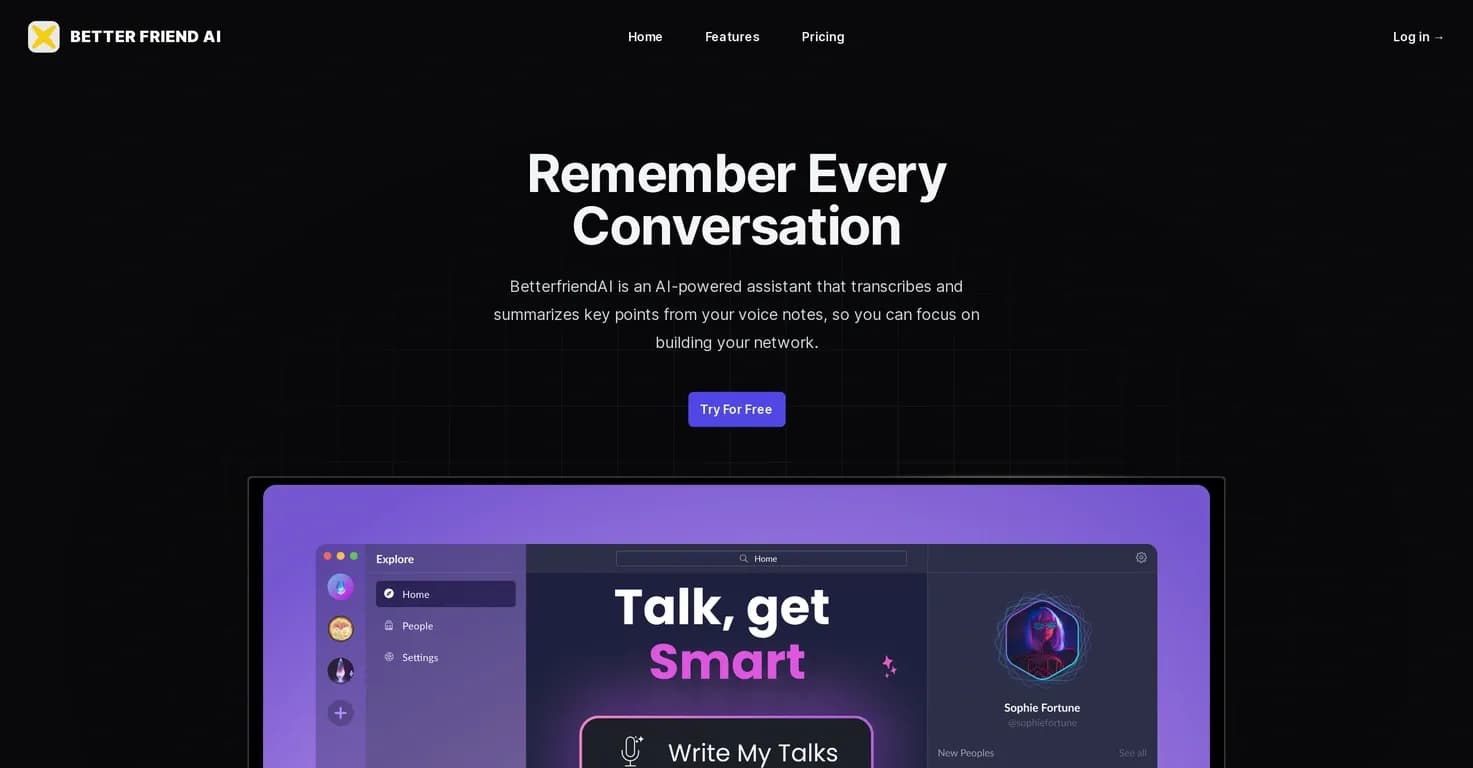 BetterFriendAI homepage screenshot — AI assistant remembers conversations for you.