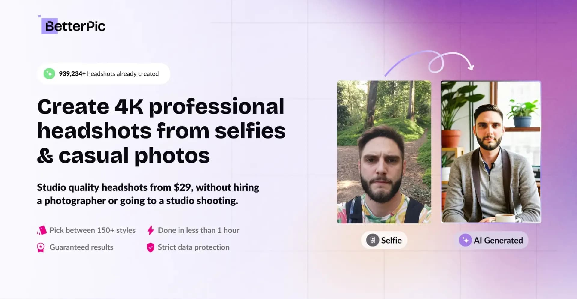 BetterPic | AI Headshotsv2.0 homepage screenshot — Studio-quality (4K) portfolio, from $35 in under 60 minutes