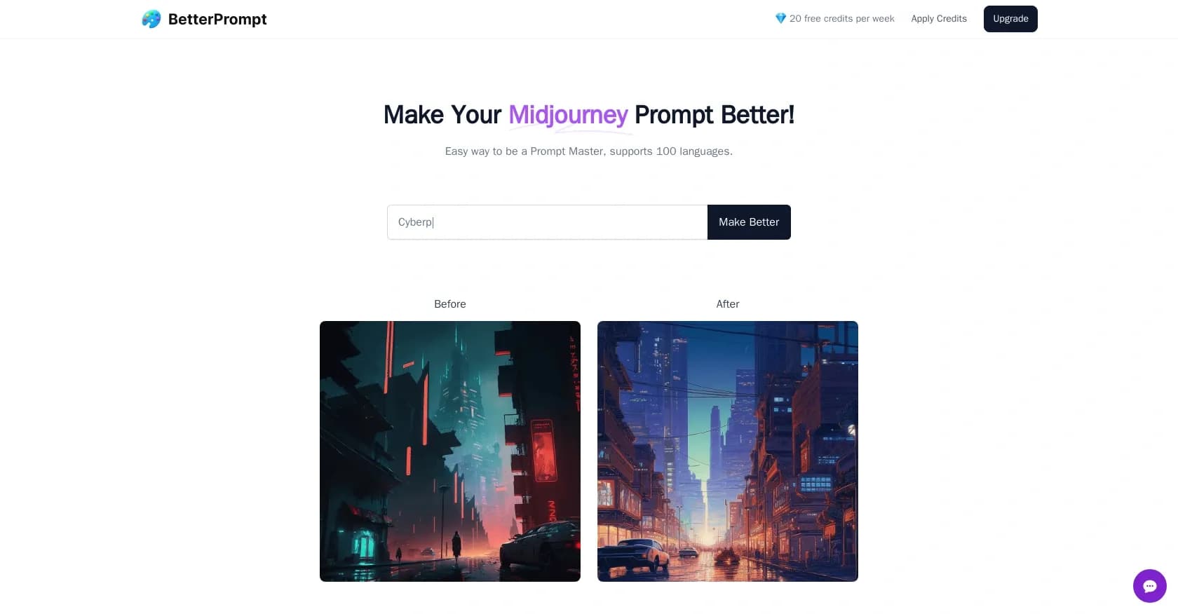 BetterPrompt homepage screenshot — Supercharge your Midjourney prompts