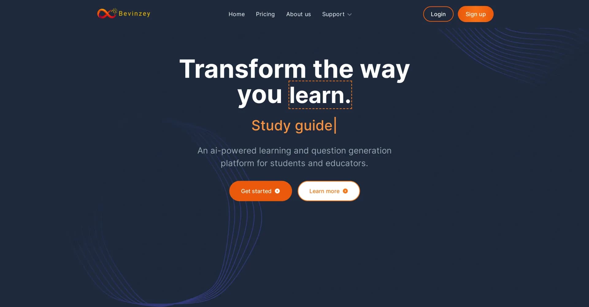 Bevinzey homepage screenshot — Transform learning with AI-powered questions and summaries.