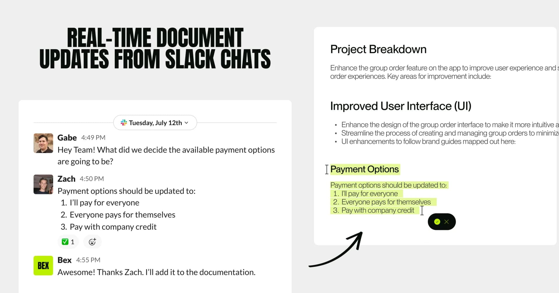 Bex homepage screenshot — Automatically update your documents based off Slack messages