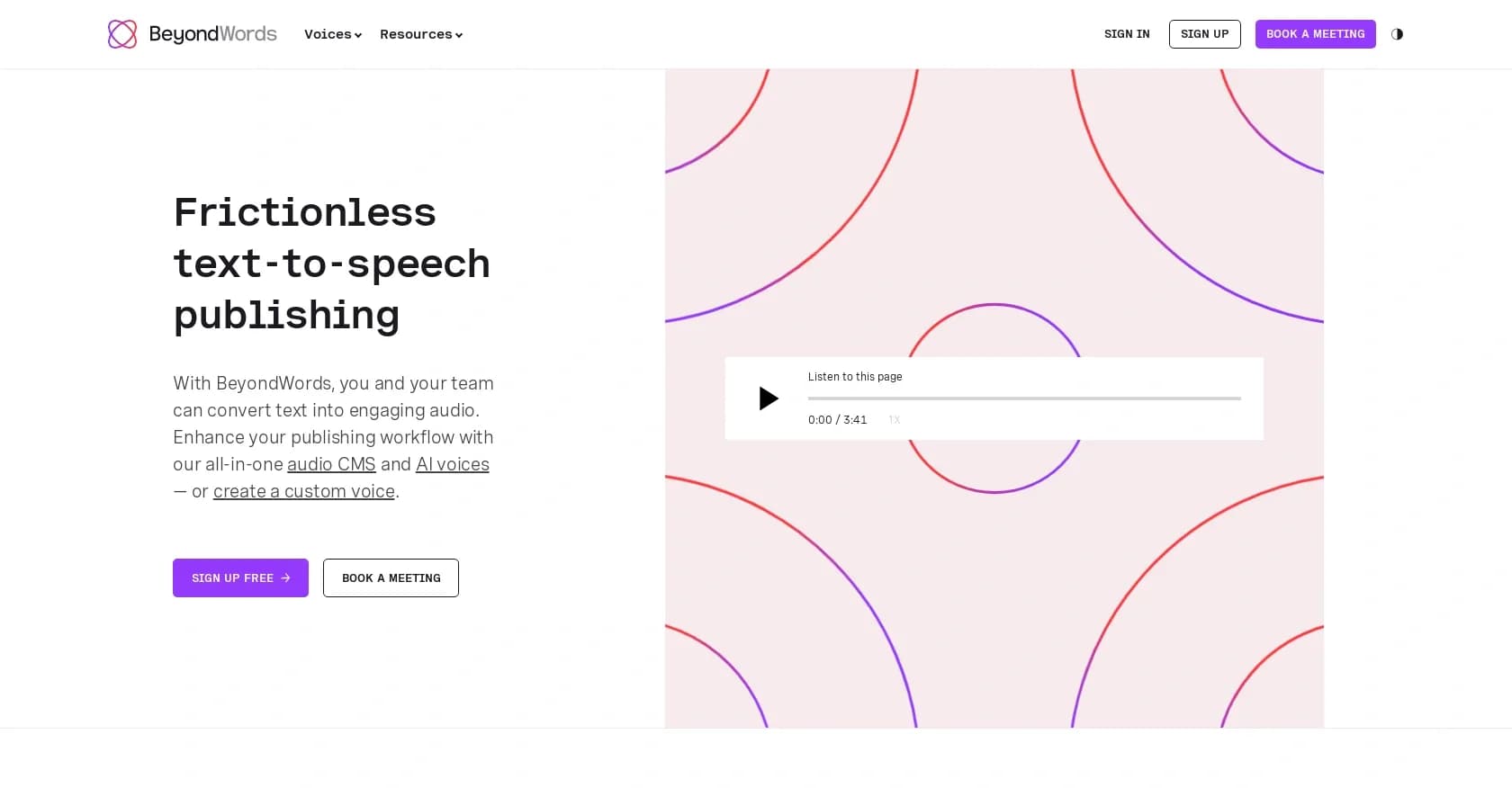 BeyondWords homepage screenshot — Convert text into engaging audio effortlessly.
