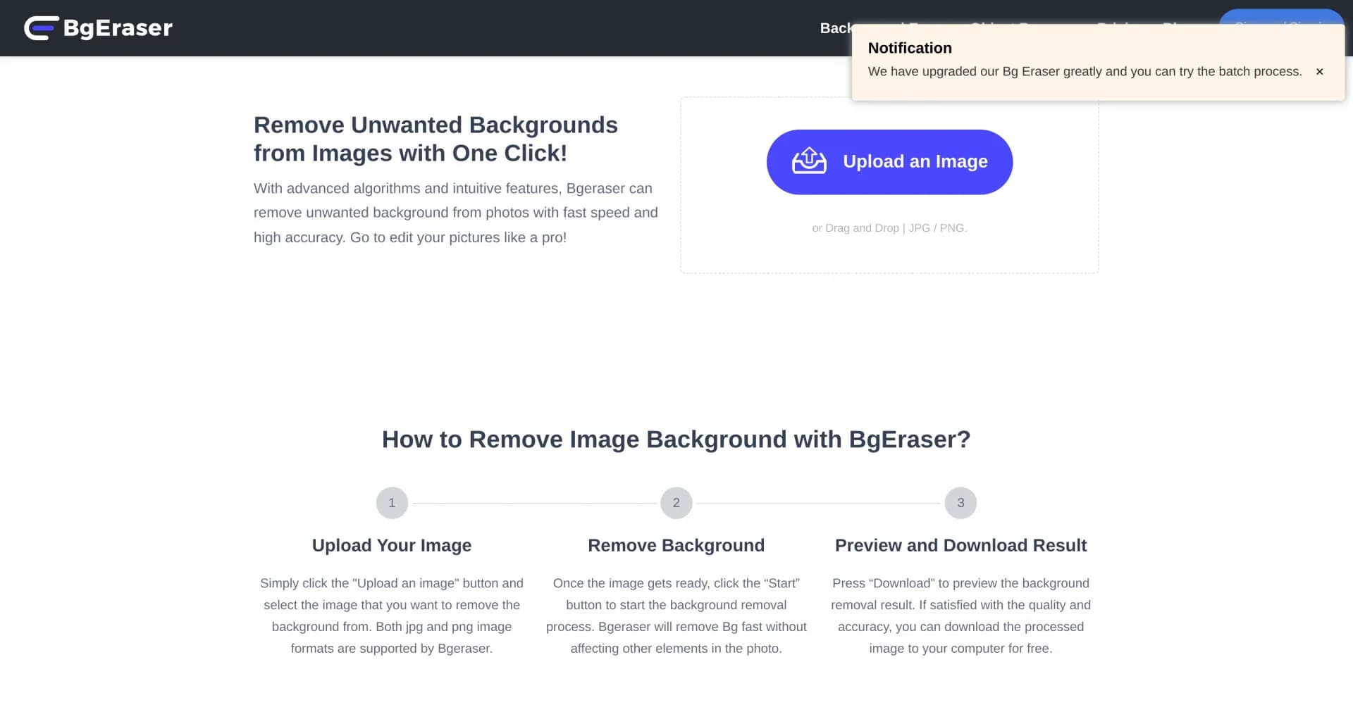 Bg Eraser homepage screenshot — Remove backgrounds instantly with AI magic